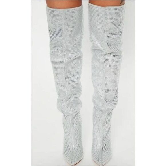 Women's Silver Rhinestone Over-the-Knee Stiletto Boots Size 7,5 - Picture 10 of 14